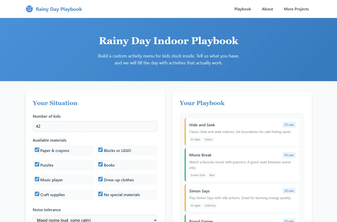 Screenshot of Rainy Day Indoor Playbook interface showing the project page in use